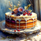 Elegant cake with white icing, purple flowers, and berries on decorative plate.