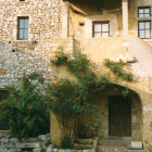 Stone house with green shutters, vines, plants in serene setting