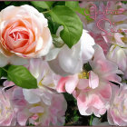 Pastel-toned image of blooming rose and pink flowers with "Garten der Sinne