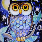 Detailed Owl Illustration Among Flowers and Moonlit Sky