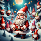 Colorful Santa Claus in Snowy Village with Festive Lights