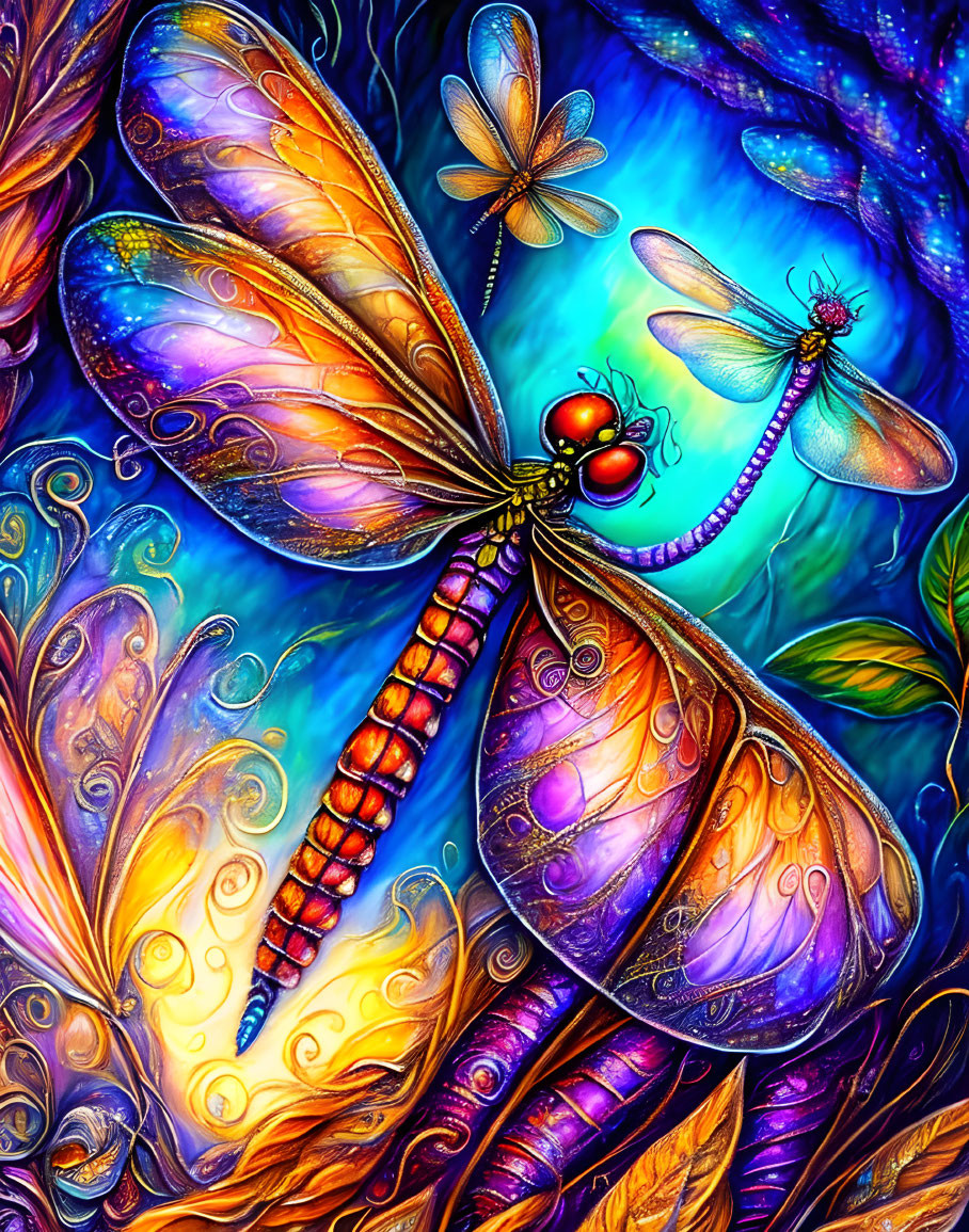 Detailed, colorful artwork of whimsical dragonfly and abstract florals