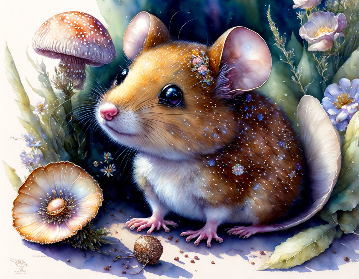 Illustrated mouse in enchanted forest with mushrooms and flowers