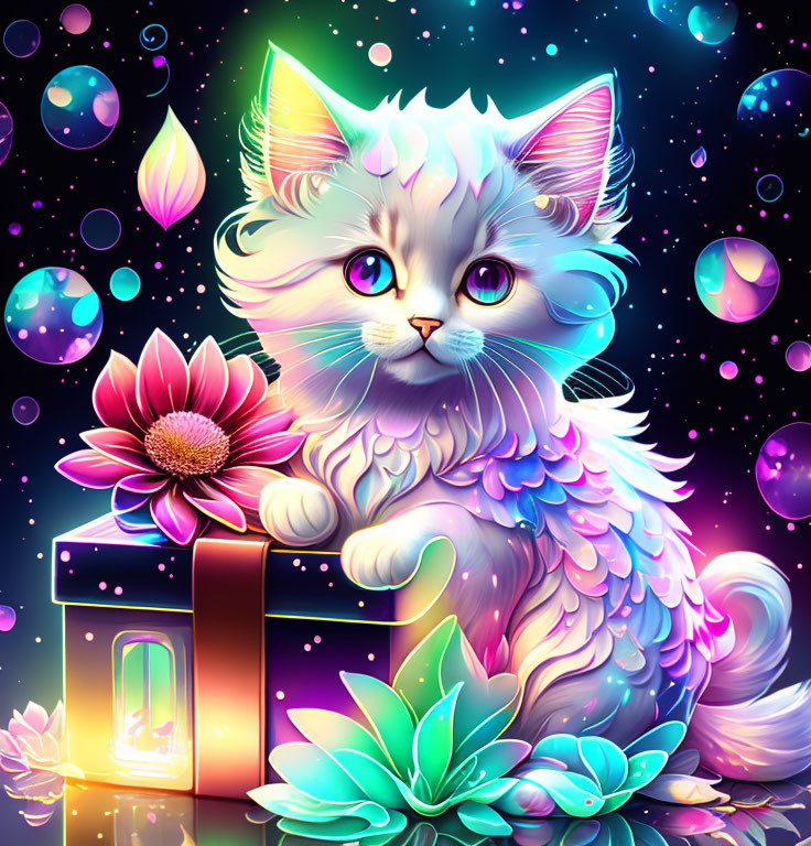 Fantasy kitten illustration with pink and blue fur, flower, lantern, bubbles, and stars.