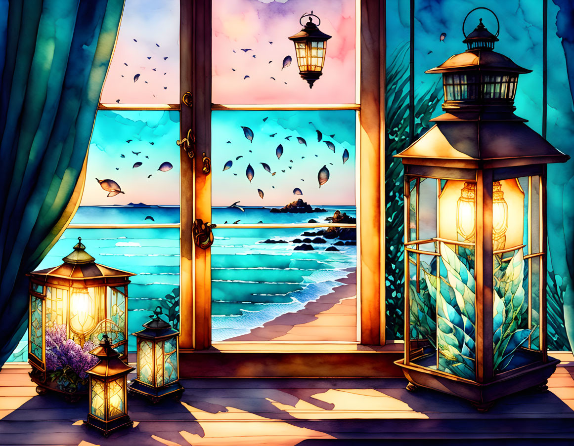 Colorful seaside view through open window with butterflies, island, lanterns, and flowing curtains at sunset