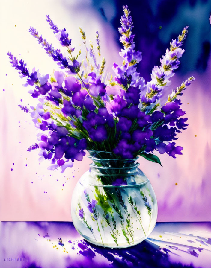 Purple Flowers Bouquet in Glass Vase on Dynamic Background