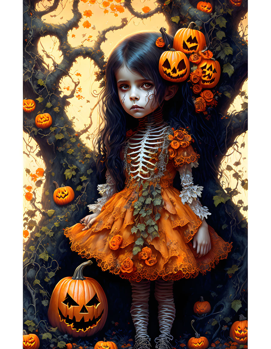 Girl in Skeleton Costume Surrounded by Pumpkins and Spooky Trees