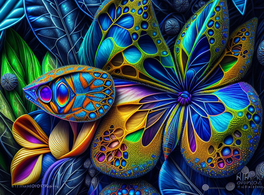 Colorful Butterfly Artwork with Blue and Orange Patterns on Leafy Background