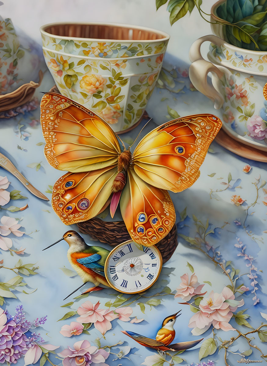 Colorful butterfly, birds, flowers, and teacups on a clock-themed image