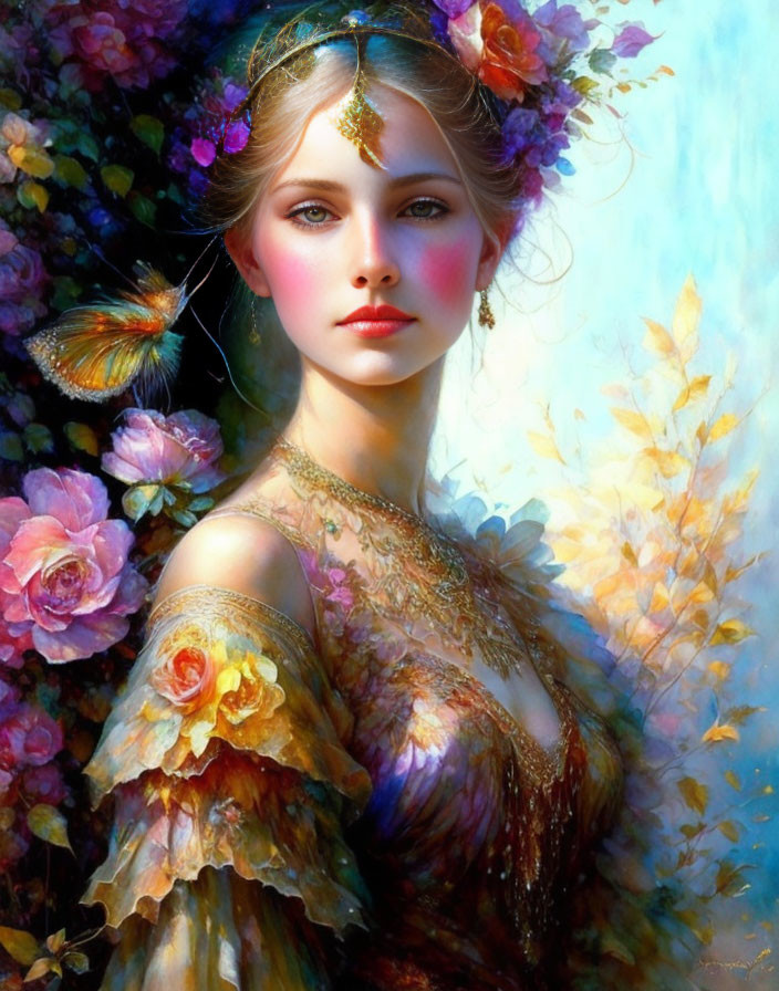 Ethereal woman with floral headpiece and butterfly in lush flower backdrop