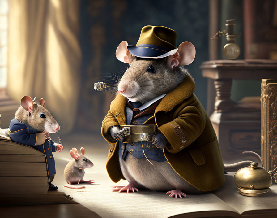 Victorian-style anthropomorphic mice with magnifying glass and sword in old study