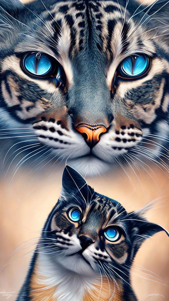 Two cats with striking blue eyes, one wild-looking with unique markings, the other domestic with softer features