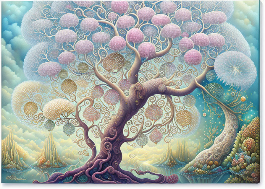 Vibrant tree with pink fruits in whimsical landscape