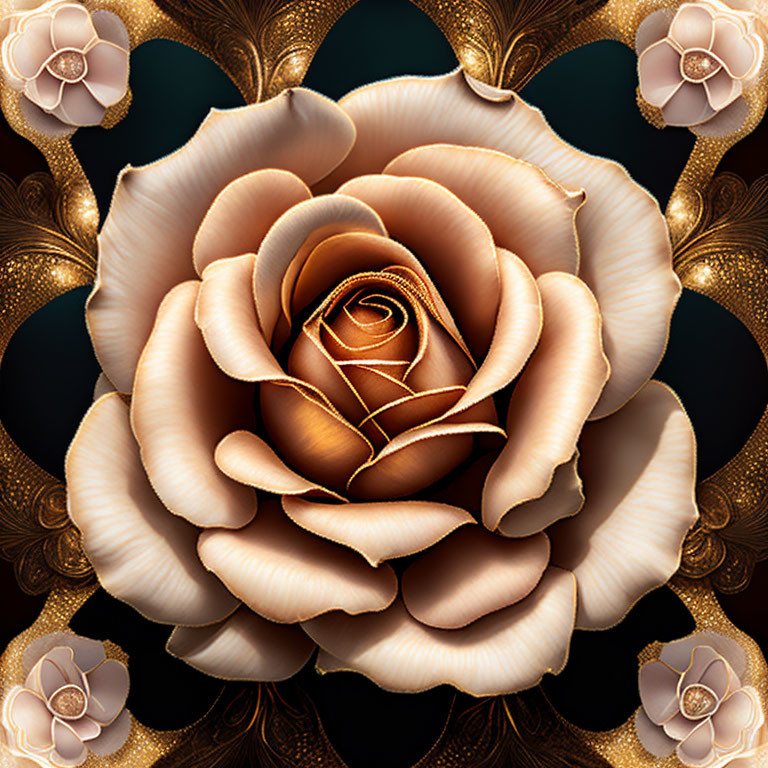 Symmetrical golden rose digital artwork with intricate patterns