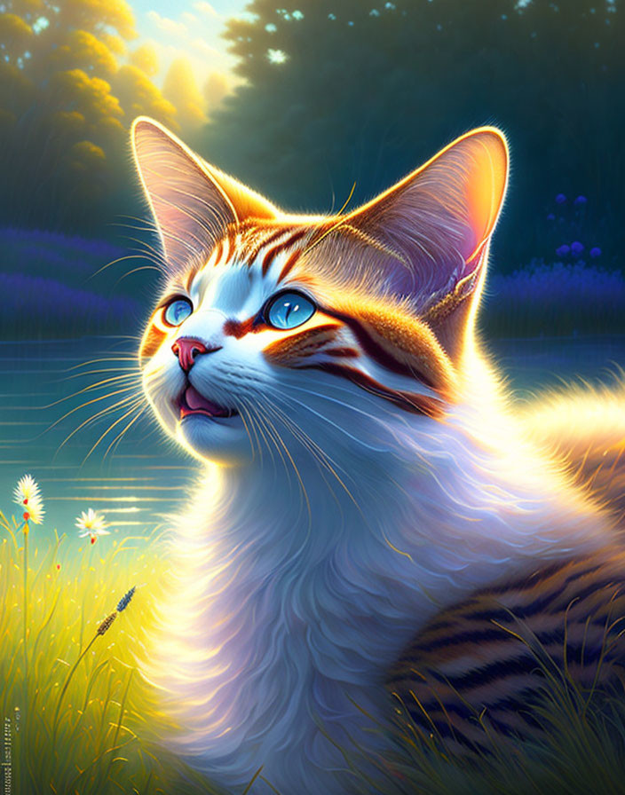 Colorful Cat Illustration in Meadow with Blue Eyes and Fireflies