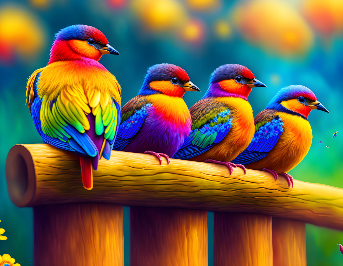 Four colorful birds on wooden fence with floral backdrop