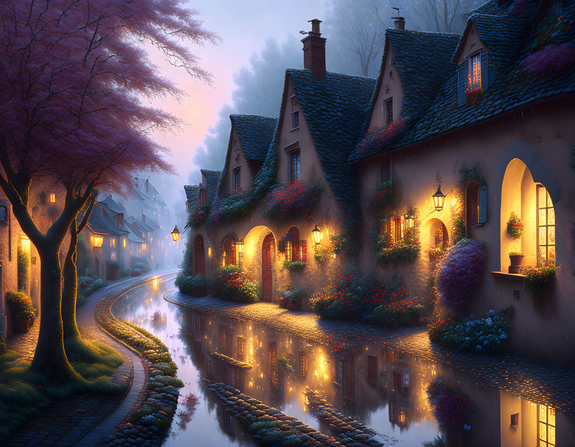 Tranquil twilight cobblestone street with glowing windows and vibrant flowers