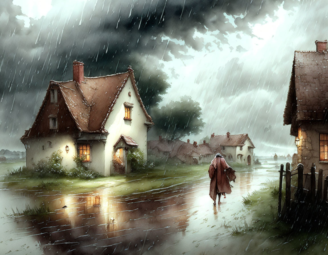 Rainy urban landscape with person walking under umbrella near quaint houses.