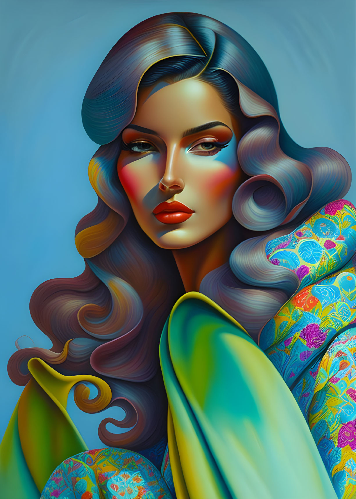 Vibrant makeup and flowing hair on stylized woman illustration