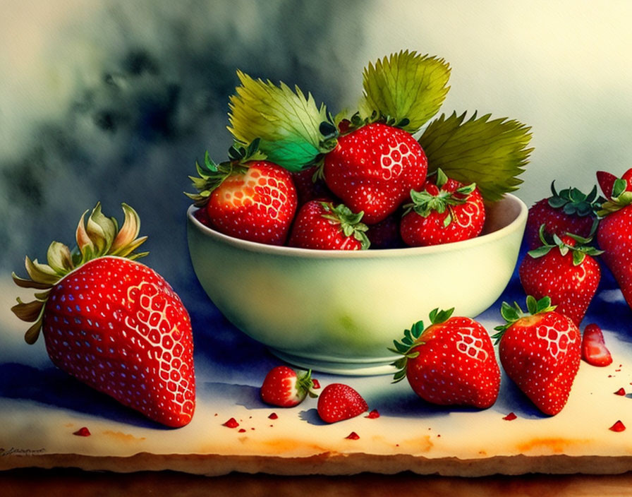 Colorful painting of ripe strawberries in a white bowl on a table