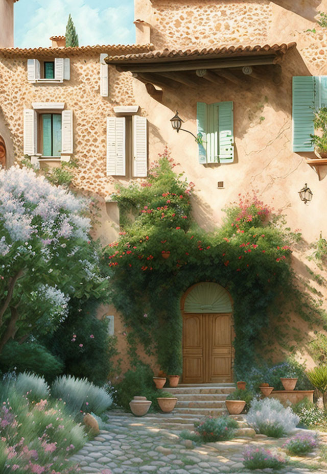 Stone house with green shutters, vines, plants in serene setting