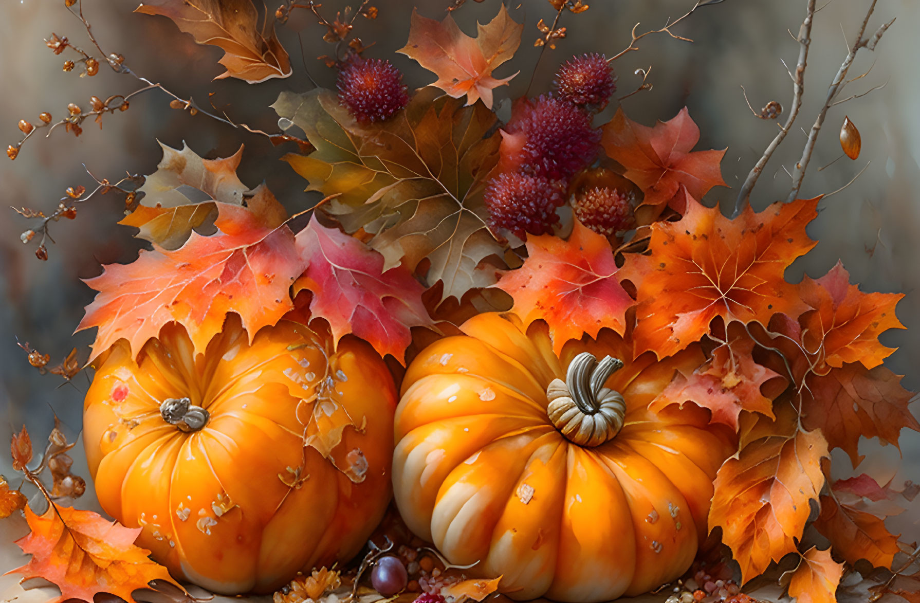 Autumn-themed image with pumpkins, leaves, and berries