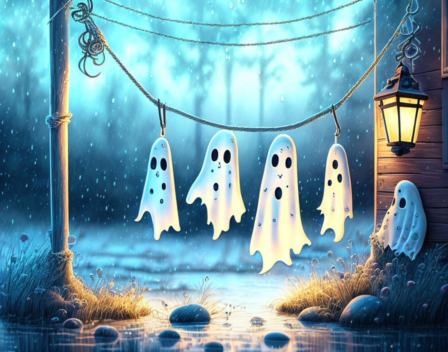 Ghost-shaped cloths on a line with lantern in magical starry setting