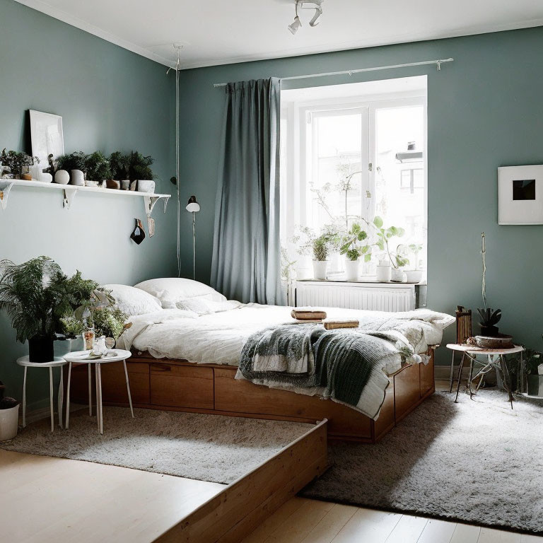 Cozy Bedroom with Wooden Bed, Teal Walls, Plants, and Shaggy Rug