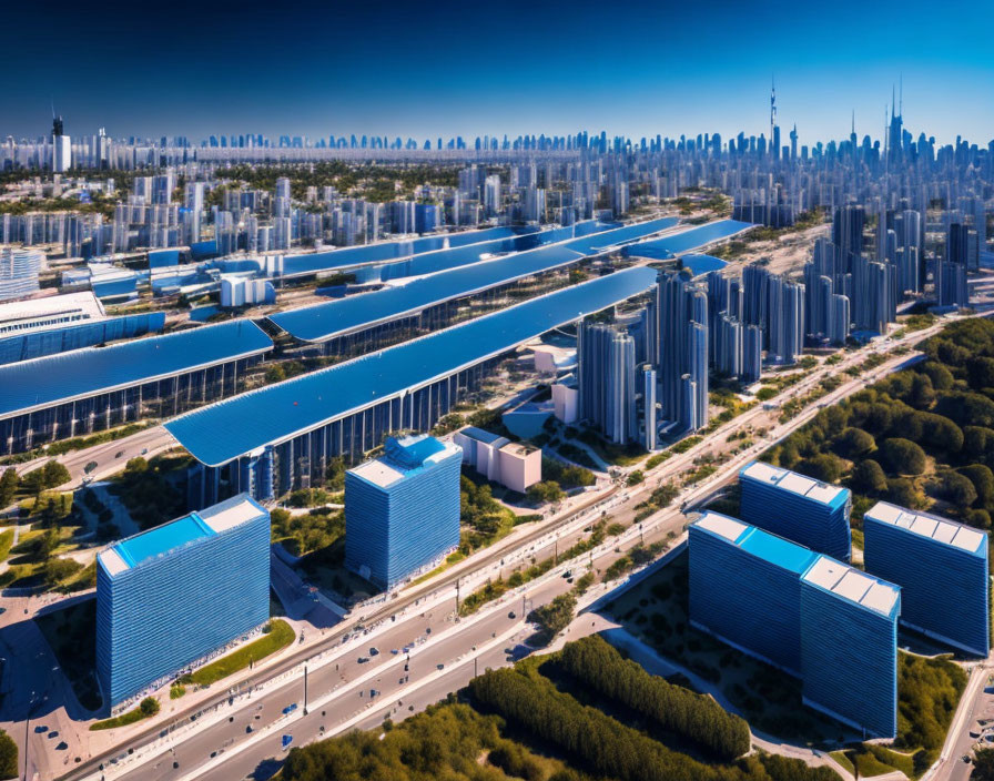 Modern cityscape with skyscrapers, elevated road, and clear skies