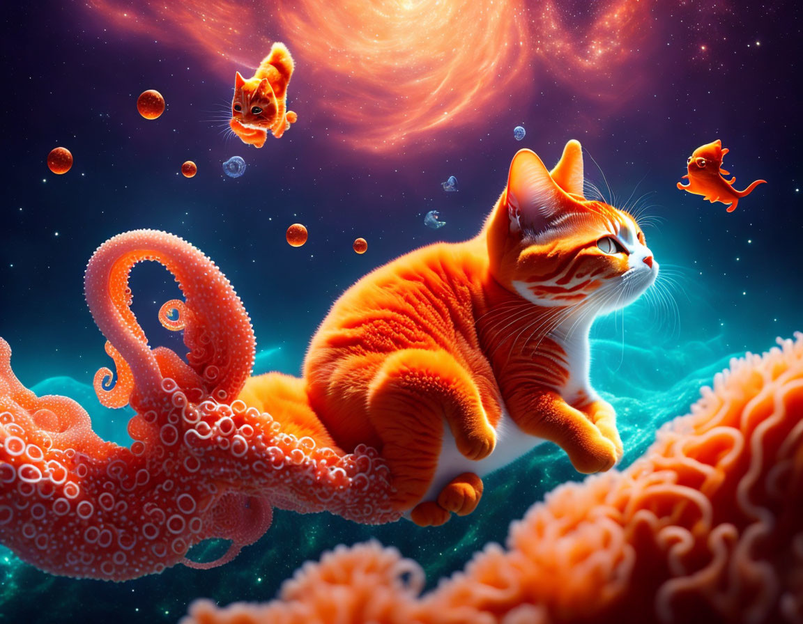 Orange Tabby Cat Walking on Octopus in Whimsical Underwater Scene