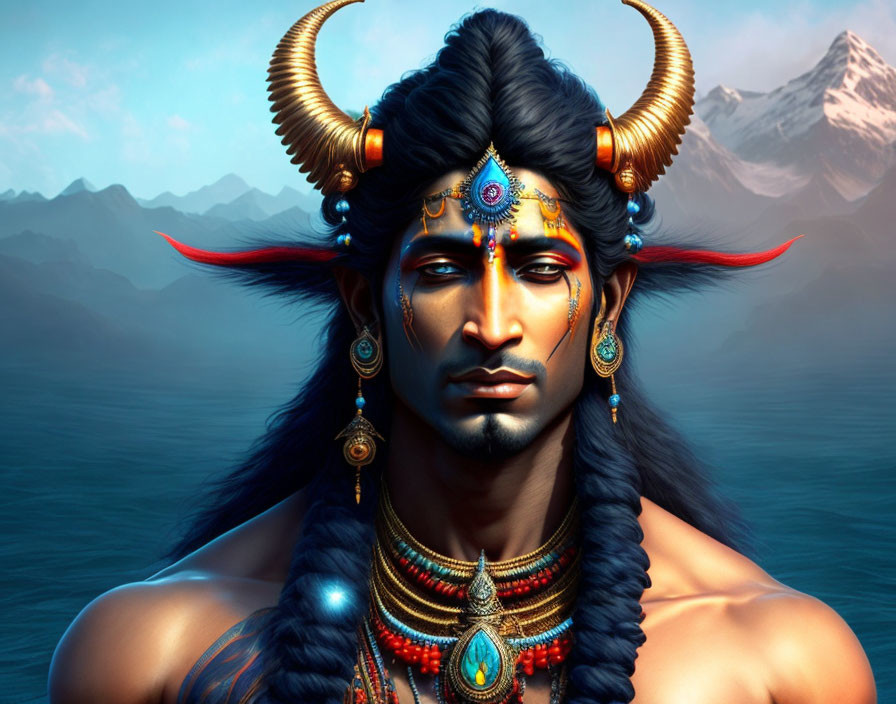 Blue-skinned male figure with bull horns and ornate jewelry in mountain landscape