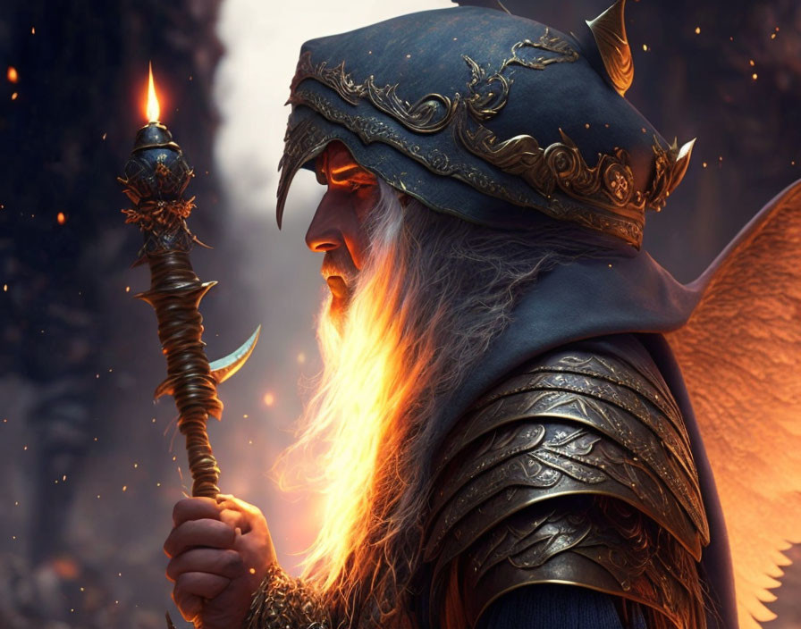 Bearded wizard in ornate armor wields flaming staff in ember-filled background