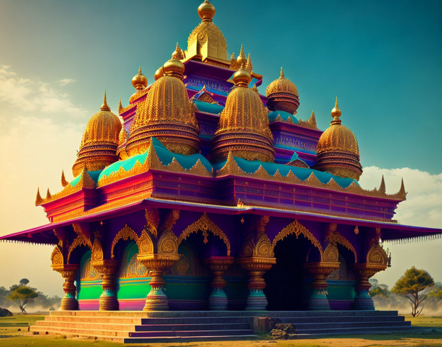 Colorful Temple with Golden Domes Against Blue Sky