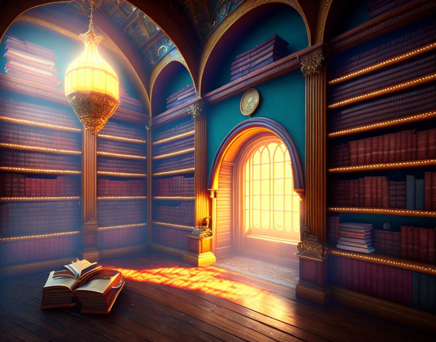 Sunlit Library Room with Book-Filled Shelves and Ornate Lamp