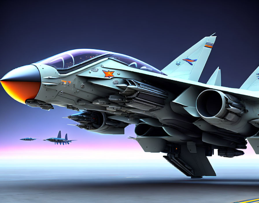 Detailed 3D Rendering of Military Jets at Sunset