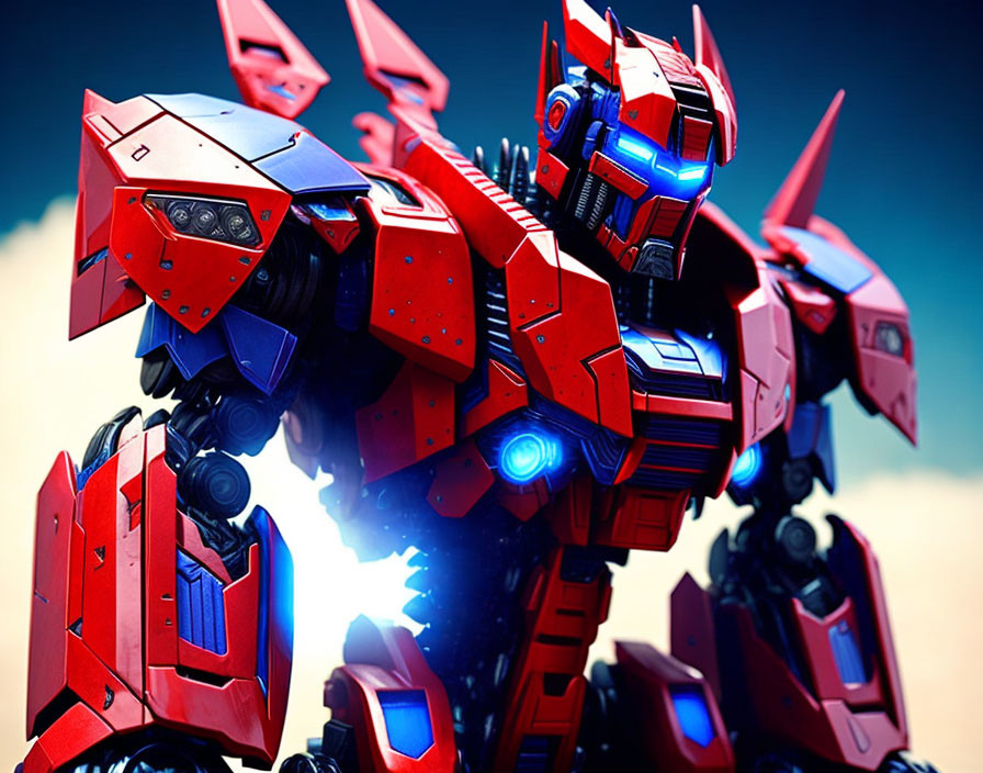 Detailed red and blue robot with glowing eyes on dynamic background