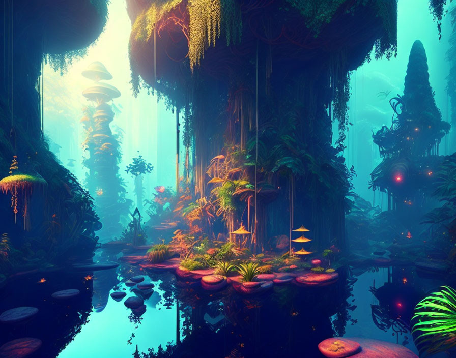 Vibrant Flora and Towering Trees in Mystical Forest