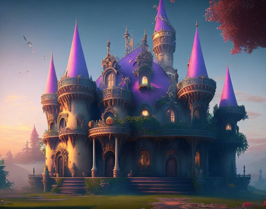 Purple Castle with Conical Towers in Magical Sunset Landscape