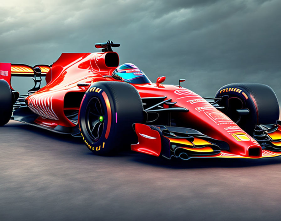 Red Formula 1 Car with Sponsor Logos Racing on Track under Dramatic Cloudy Sky