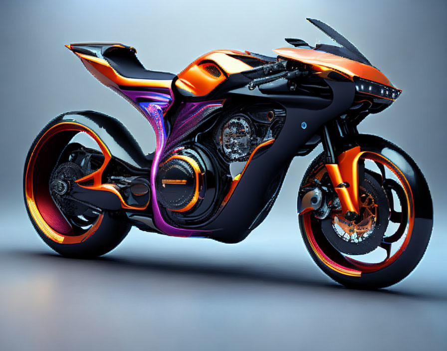 Sleek futuristic motorcycle with orange and purple highlights on gray background