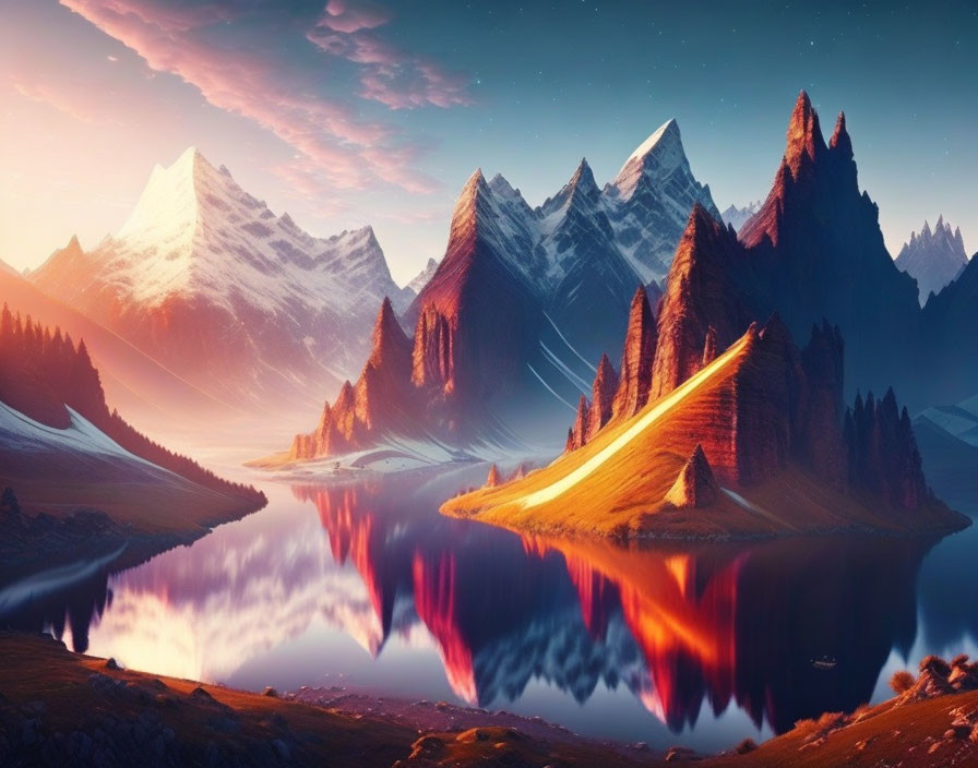 Tranquil lake reflects snow-capped mountains at sunset