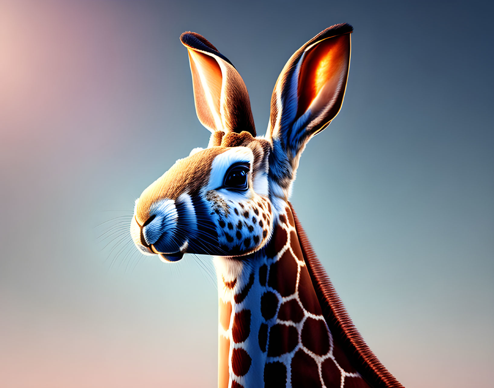 Whimsical animal artwork with giraffe patterned neck and rabbit head