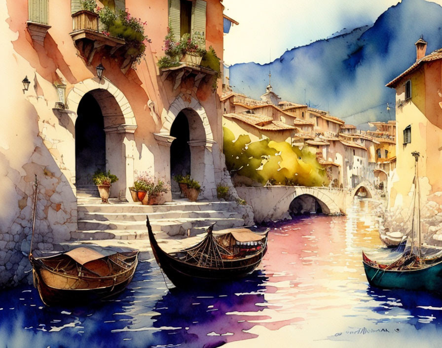 Colorful European Canal Scene with Arched Bridge & Boats