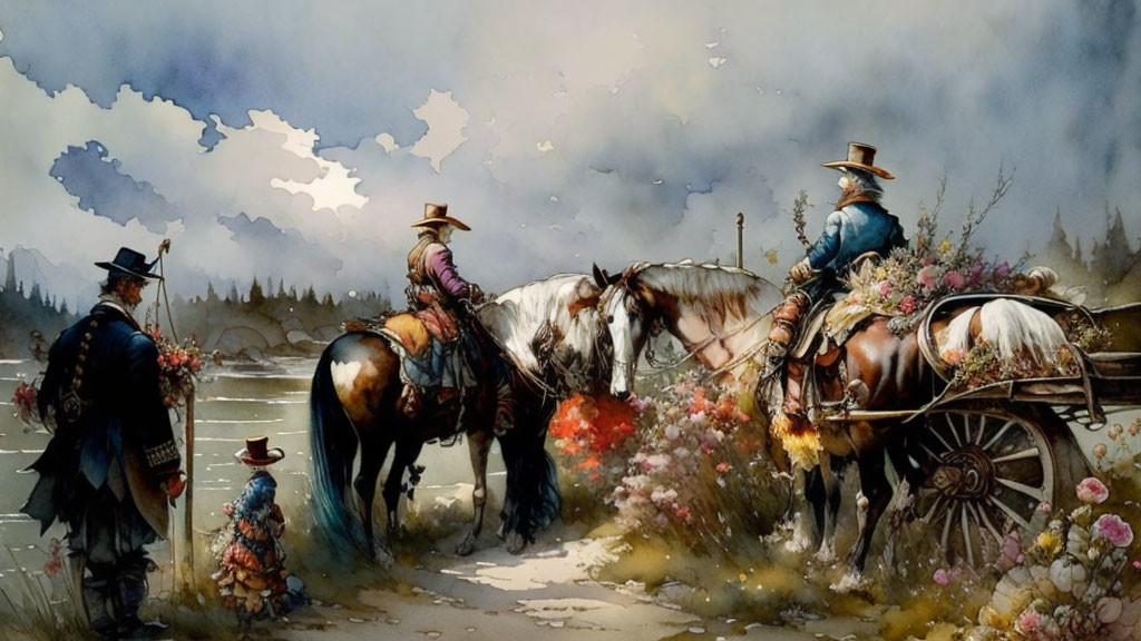 Cowboys on prairie trail with wagon, horses, lush flora, cloudy sky