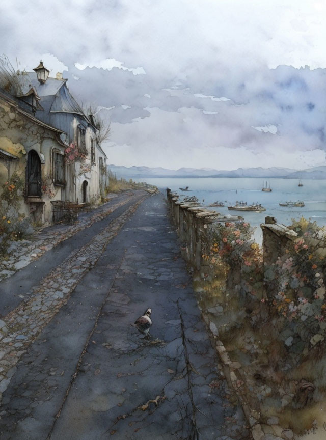 Tranquil seaside street watercolor painting with pigeon, stone walls, vintage house, boats, and