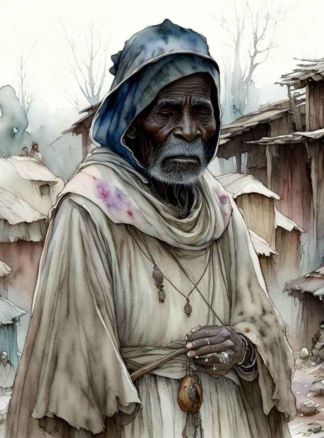 Elderly man in blue headwrap with pendant in tattered beige garments