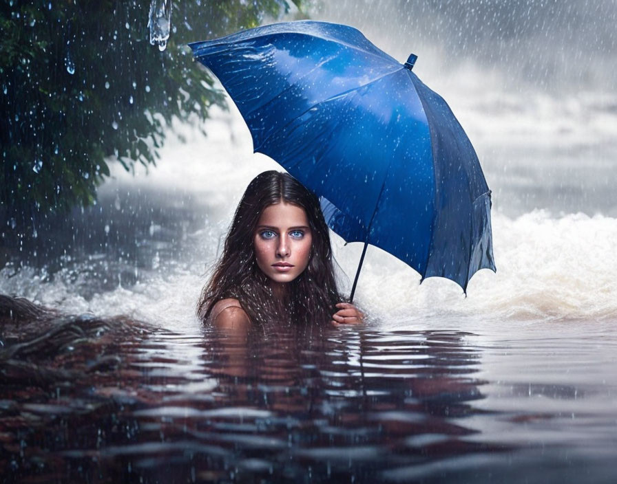 Person with wet hair under blue umbrella in rain by water.