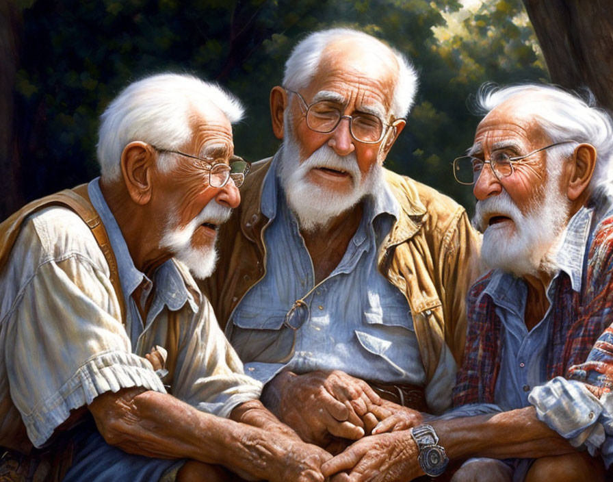 Three elderly men with white beards chatting outdoors, one wearing glasses and another with a watch.