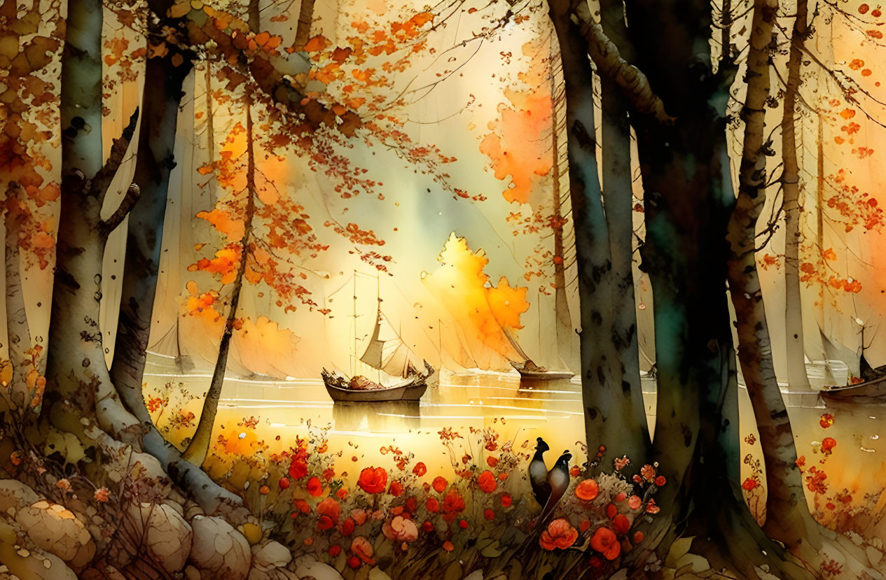 Vibrant autumn forest scene with river, sailboats, and peacocks