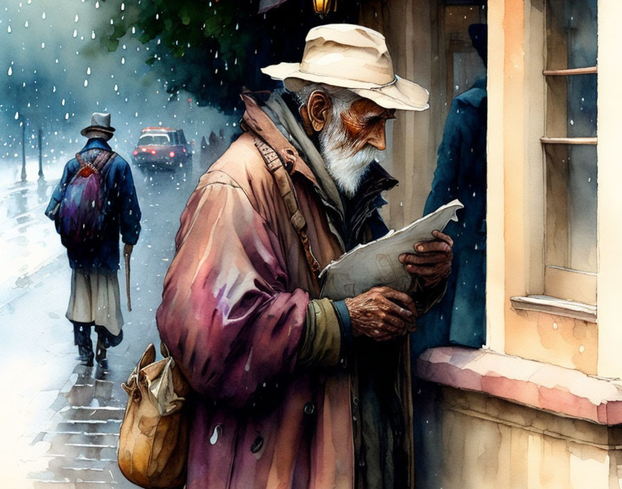 Elderly man in hat and coat reads paper on rainy city street